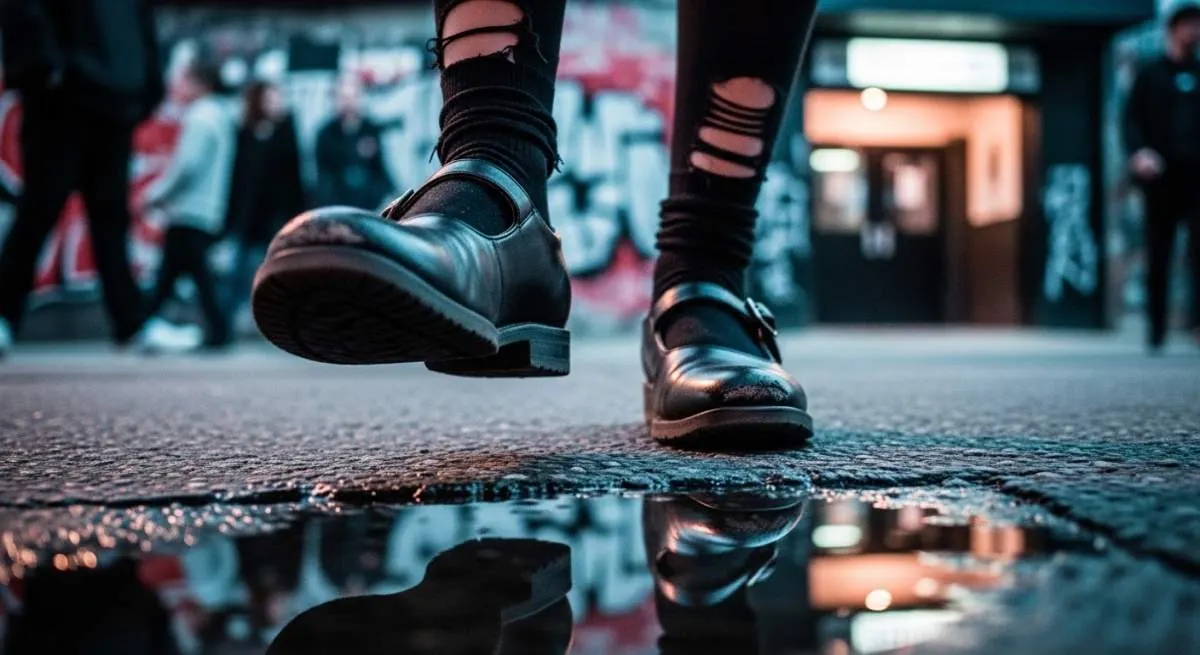 Grunge-inspired outfit with chunky Mary Jane shoes styled after Courtney Love street fashion