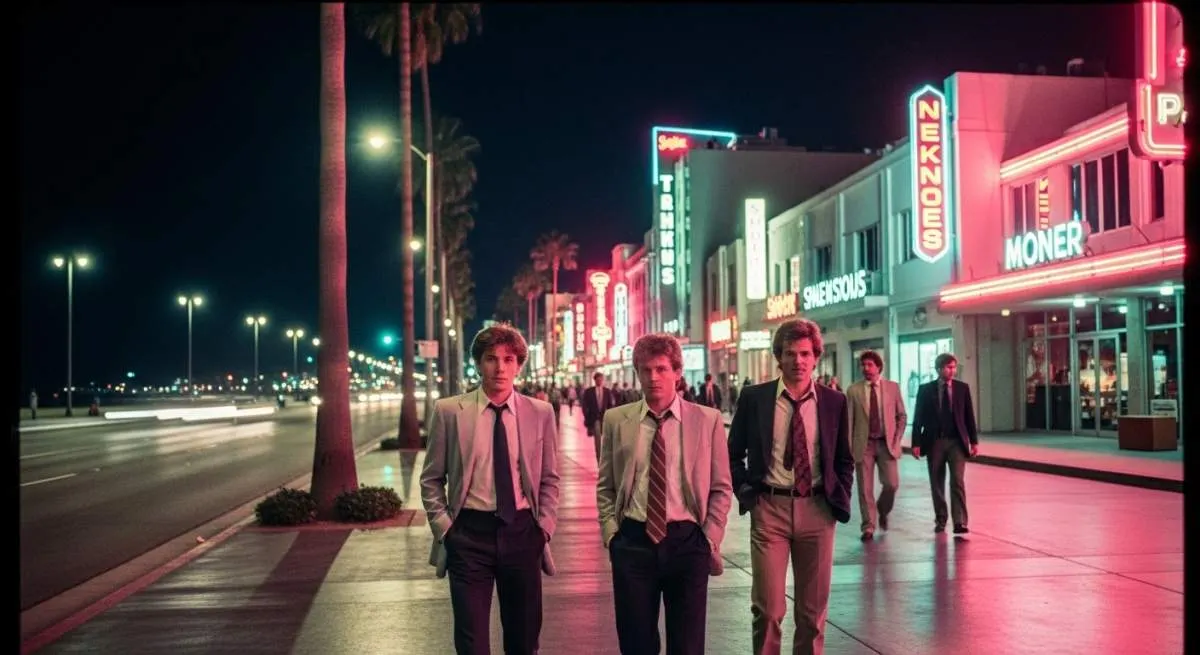Neon-lit Miami Vice-inspired scene with synthwave colors and iconic 1980s fashion aesthetics
