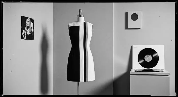 Model wearing a geometric-print mod mini dress with clean lines and graphic punch