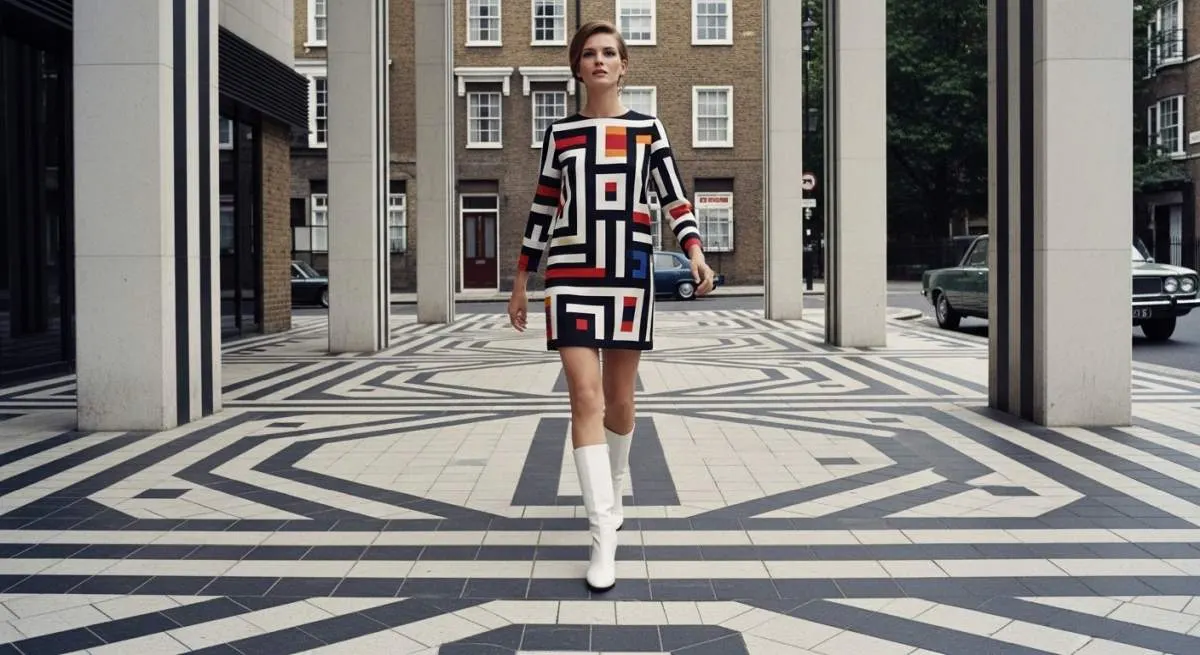 1960s mod fashion featuring white go-go boots and bold geometric print dresses on a London street