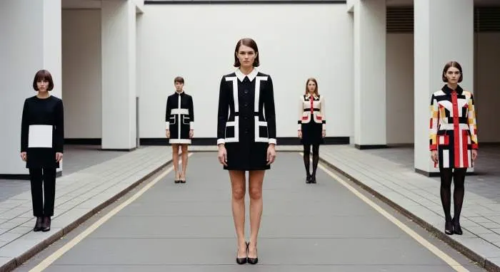 Mod fashion model in a white shift dress with black geometric circles and go-go boots