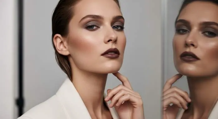 Model with soft, barely-there brows in a modern 1990s makeup revival look