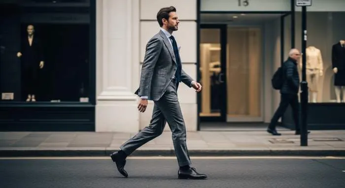Gray Glen check tailored suit with slim lapels, paired with pale blue shirt and knitted silk tie