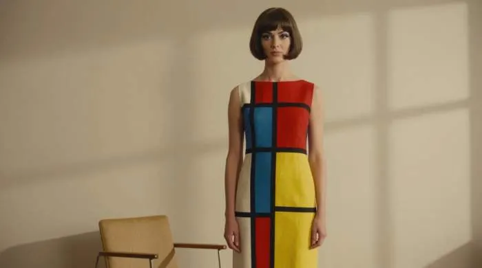 YSL Mondrian cocktail dress with black grid and primary color blocks, 1960s