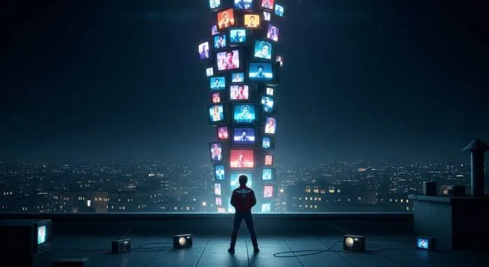 MTV logo on a retro television set with colorful geometric patterns