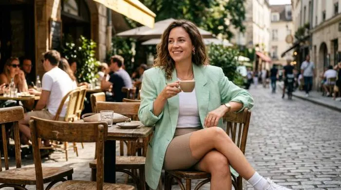 Woman wearing pastel 80s power blazer with bike shorts styled for comfortable modern everyday look