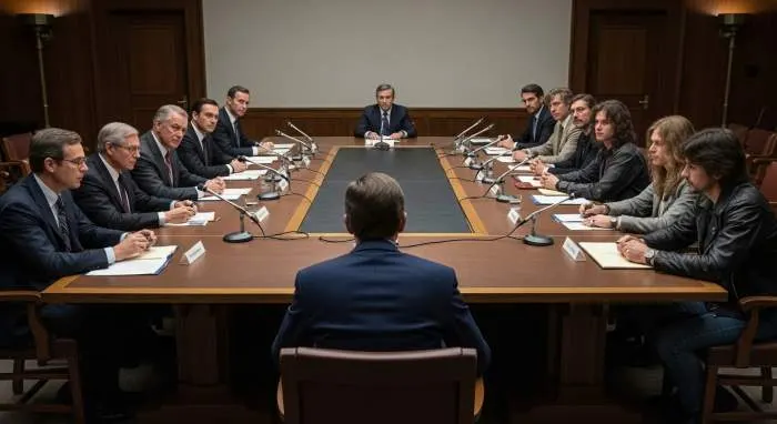Senators and metal musicians debating censorship at 1985 PMRC hearing