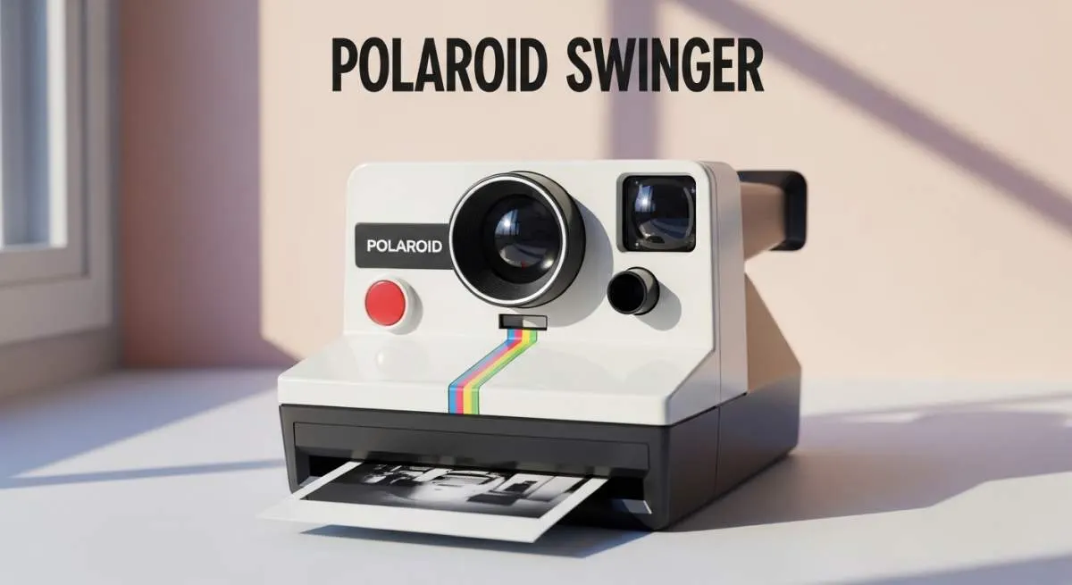 Young woman using a Polaroid Swinger camera during the colorful social revolution of the 1960s