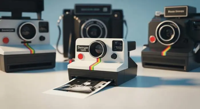 Polaroid Swinger camera in white and black with red shutter button