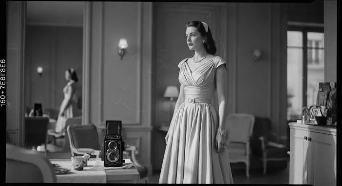Dior New Look dress with cinched waist and full skirt, 1950s pin-up silhouette