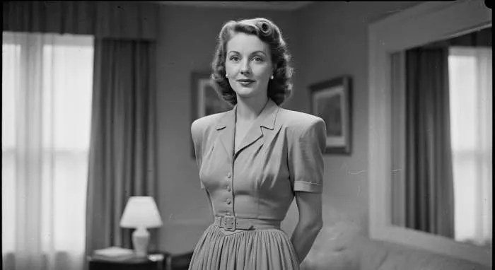 Woman with Victory Roll hairstyle, rolled sections framing face, 1940s glamour look
