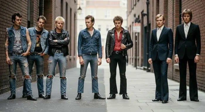 Punk subculture style with ripped denim contrasted against polyester suits
