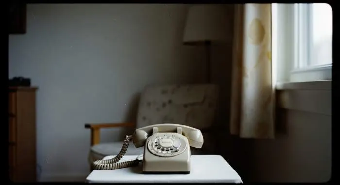 Rotary phone dial with finger turning, evoking 80s analog communication and nostalgia