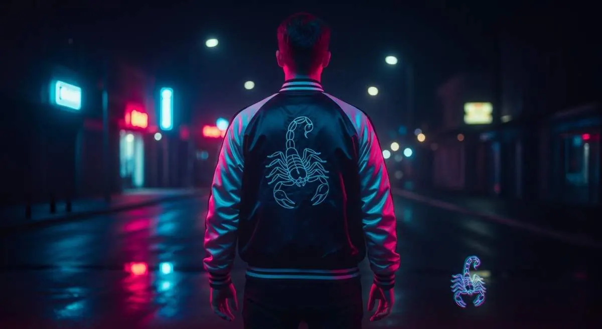 White satin scorpion jacket glowing under neon lights inspired by the film Drive fashion style
