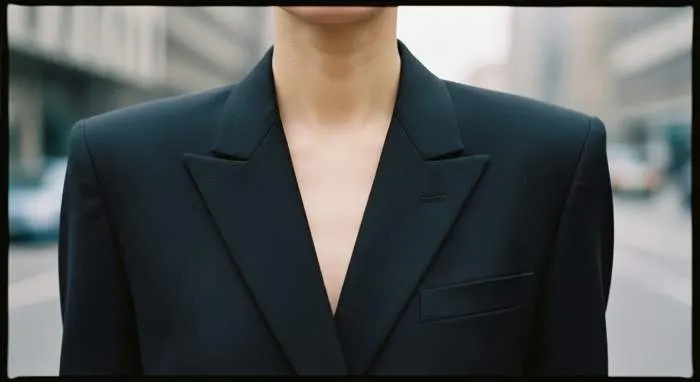 Woman wearing structured 80s-style blazer with subtle shoulder pads