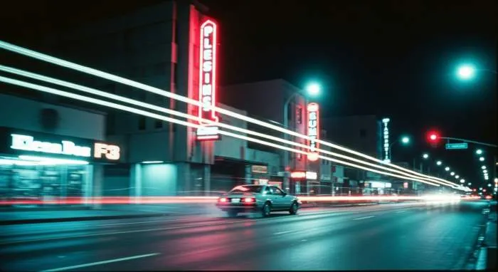 Neon-drenched name-plate on Art Deco building, retro synthwave aesthetic, 1980s Miami Vice style