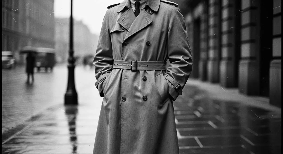 Classic trench coat inspired by World War I military fashion and timeless outerwear style