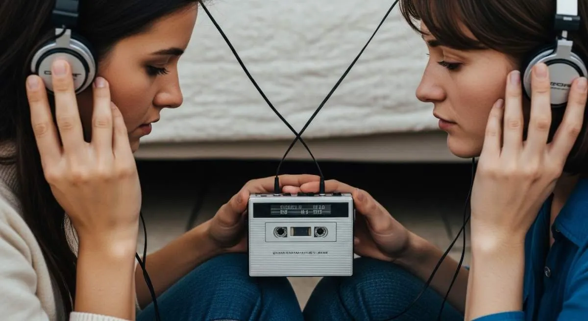 Two teenagers sharing music through a twin headphone jack on a vintage portable cassette player