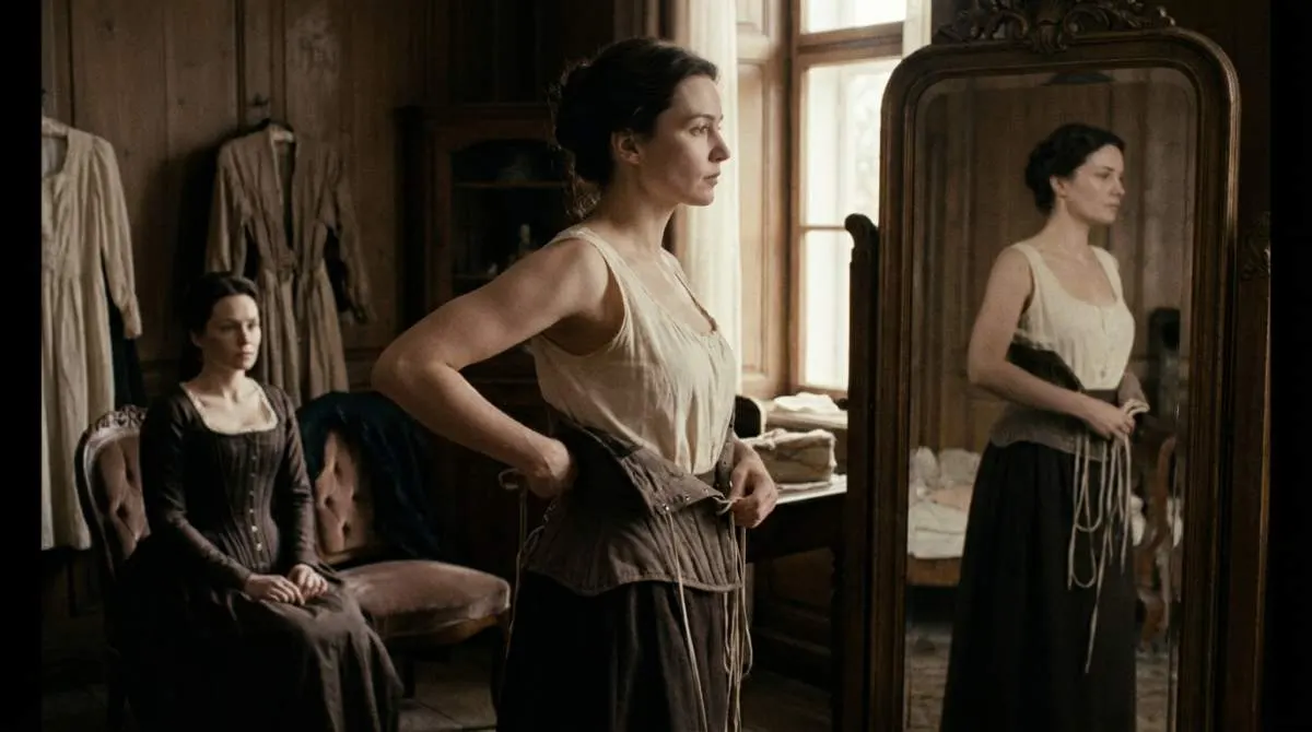 Woman removing corset in early 20th century, symbolizing female liberation and social change