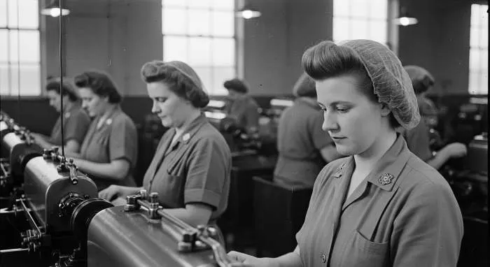 Woman with Victory Roll hairstyle: two rolled sections pinned above forehead, popular WWII style for workplace safety.