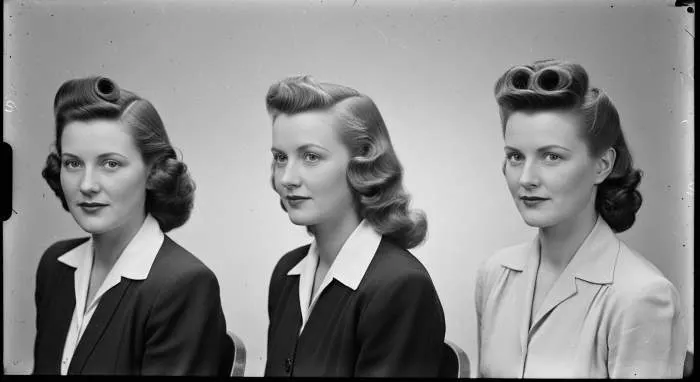 Woman with victory roll hairstyle, large roll at nape of neck, 1940s glamour