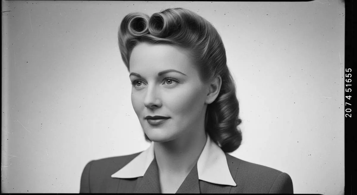 Woman wearing a glamorous WWII-era victory roll hairstyle with classic vintage curls