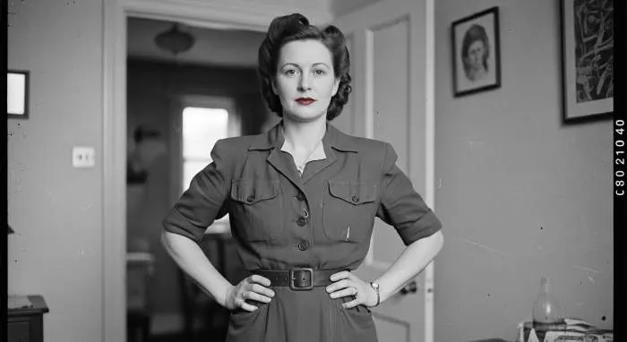 Victory Roll hairstyle with pinned curls and red lipstick