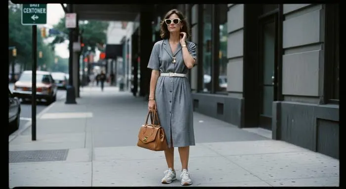 Woman in 1950s floral dress with cinched belt and white sneakers