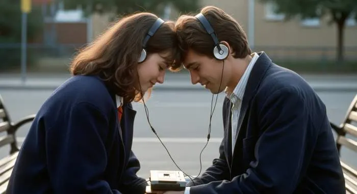 Couple sharing a Walkman with twin headphone jacks in an intimate 80s romantic scene