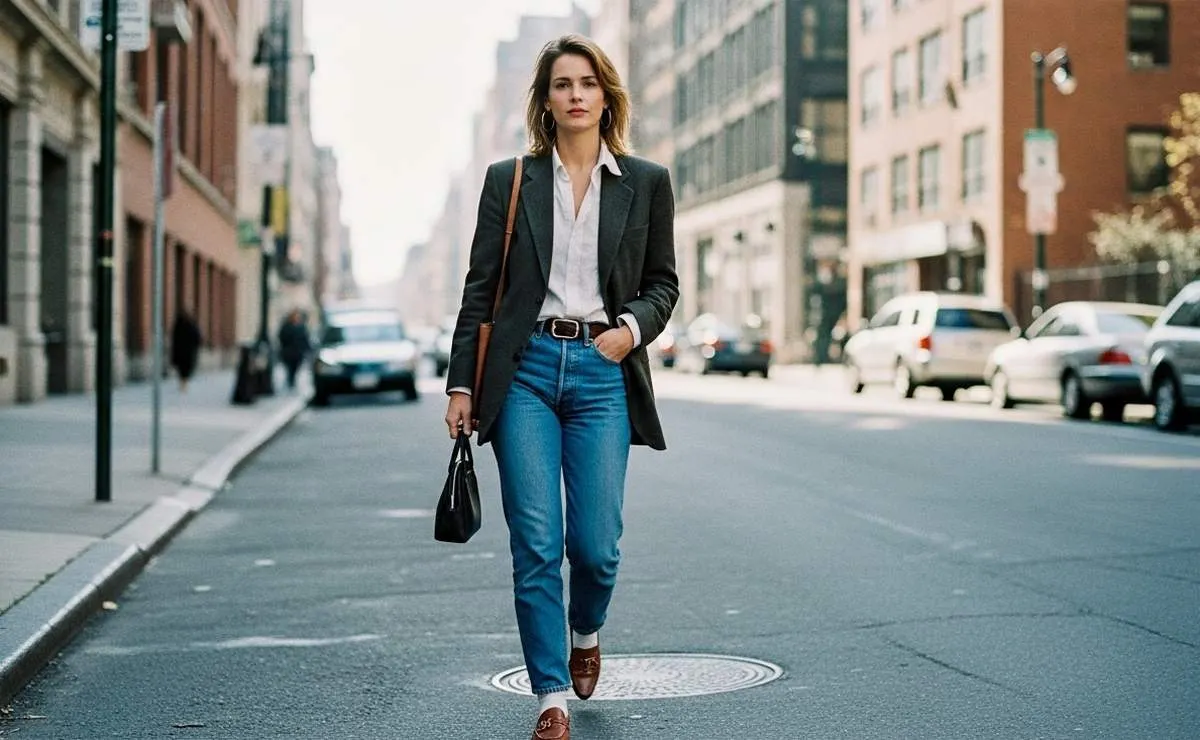 Modern woman styling vintage-inspired clothing in a contemporary everyday fashion look