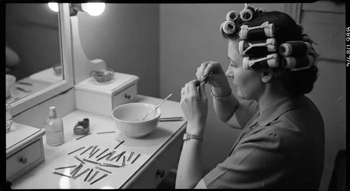 Vintage victory roll hairstyle formed with pin curls and setting lotion from WWII era