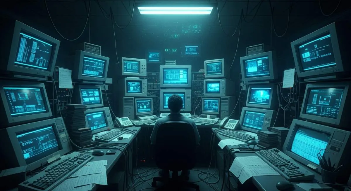 Dark computer control room with glowing monitors during the widespread Y2K bug panic of 1999