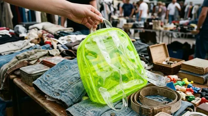 Pink inflatable Y2K backpack with butterfly clips at a flea market