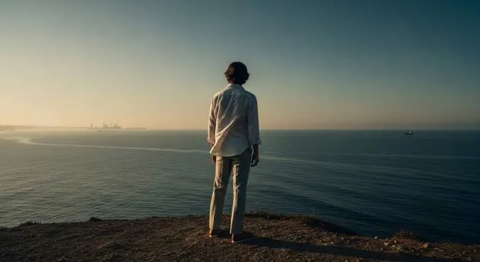 Elderly man in linen safari jacket and deck shoes by harbor embodying yacht rock style
