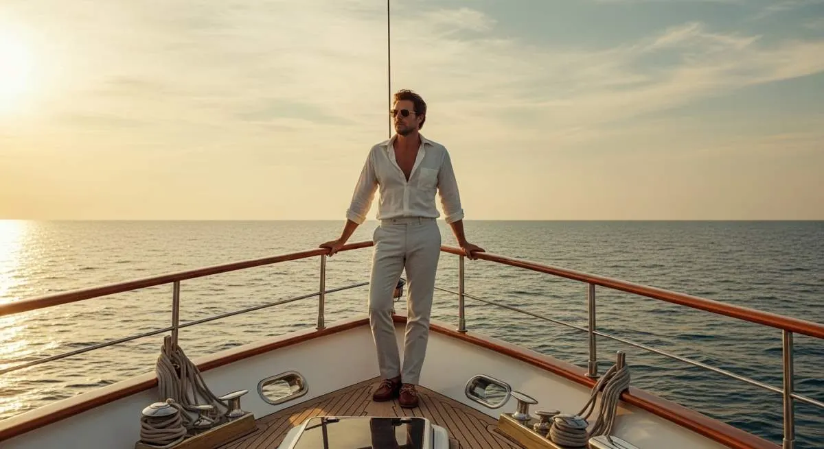 Man in a linen shirt and boat shoes relaxing on a yacht during the classic yacht rock era